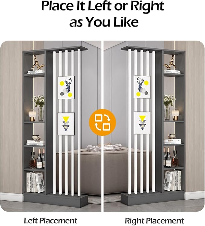 Wall Room Divider, Storage Cabinet Storage Display with Shelves, Modern Freestanding Wood Room Divider Screen, Wall Privacy Screens for Home Decorative (Grey+White,31.5" L x 9.5" W x 79.5" H)-Ruum Studio Home