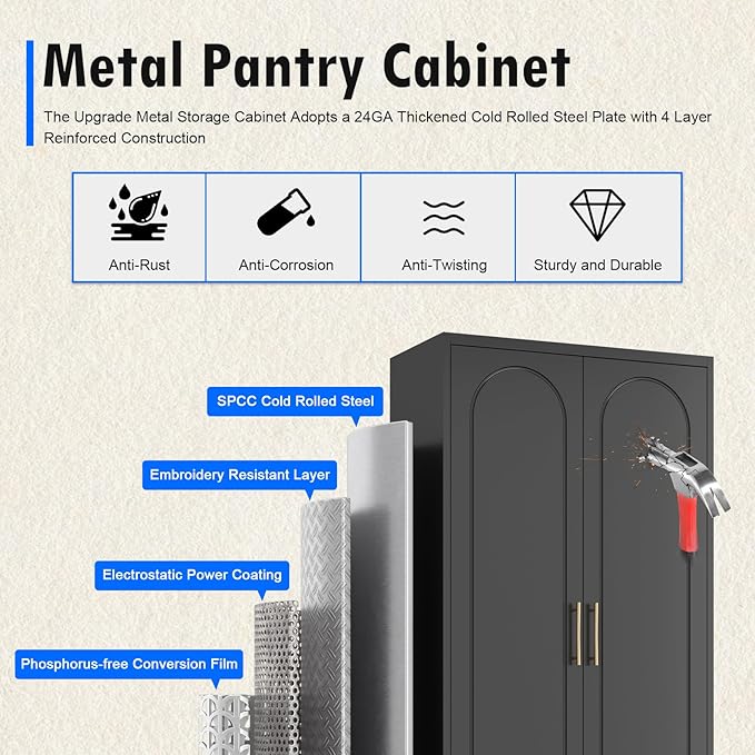 Black Pantry Kitchen Cabinet with Drawer, 75 Inch Metal Storage Cabinet with Doors and Shelves, Steel Food Pantries, Large Freestanding Cupboard for Living&Dining Room-Assemble Required-Ruum Studio Home