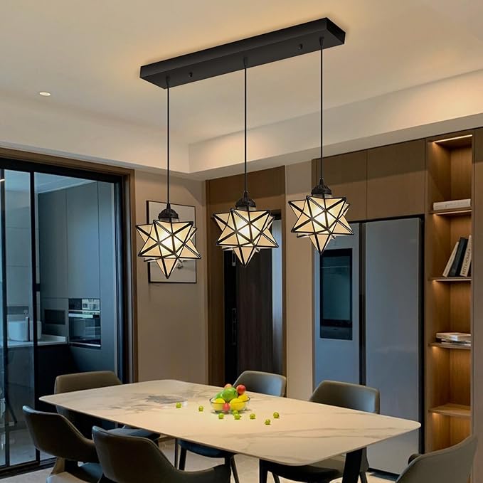 Modern Frosted White Glass Chandelier Dining Room Farmhouse Star Pendants Lights for Kitchen Island LED Ceiling Hanging Lighting Included Warm Light Bulbs Black-Ruum Studio Home