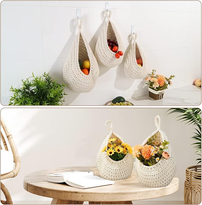 Hanging Fruit Baskets for Kitchen - 3 Pack Boho Wall Hanging Basket with 6 Pcs Strong Hooks, Handwoven Onion Storage Teardrop Home Onion Basket for Fruits Vegetable Potato Kitchen Storage (White)-Ruum Studio Home