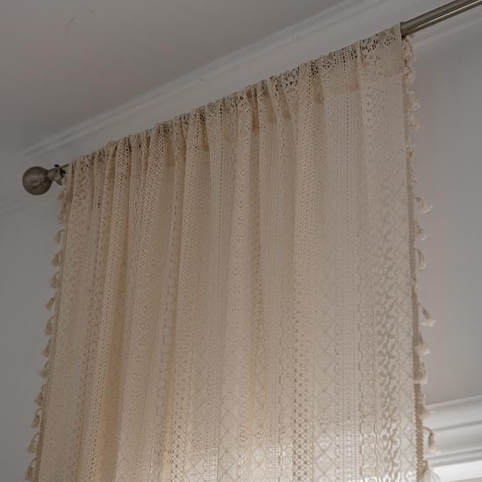 Sutuo Home Boho Curtain Crochet Lace Semi-Sheer Bohemian Hollow Knitted Handmade Tassels, Rod Pocket Window Treatment Vintage Rustic Farmhouse Drapes for Bedroom, 1 Panel 59" W x 96" L, Beige-Ruum Studio Home