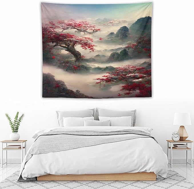 Japanese Tapestry, Red Plum Cherry Blossom Mountain Tapestry, Asian Japanese Wall Tapestry, Nature Landscape Tapestries for Bedroom Living Room Decor 60"x50"-Ruum Studio Home