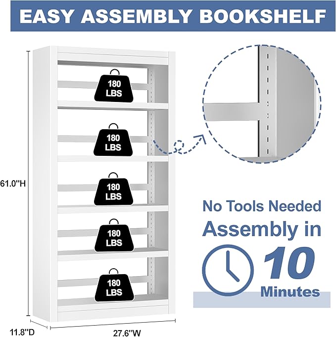 Metal Bookshelf Adjustable - 61" Tall White Bookcase, 5 Tier Book Shelf, Tooless Assembly Book Case, Modern Bookshelves and Bookcases for Home Office, Living Room, Bedroom, Study, Library-Ruum Studio Home