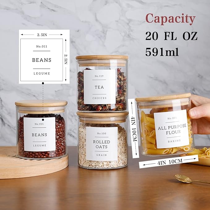 20 OZ Glass Food Storage Jars with 132 Pantry Labels Preprinted - 6 Pcs Thicken Glass Storage Containers with Airtight Bamboo Lid - Clear Kitchen Canister for Spice, Tea, Coffee, Sugar, Cookie, Candy-Ruum Studio Home