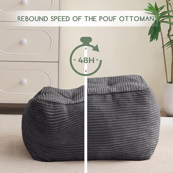 HIGOGOGO Square Stuffed Pouf Ottoman, Corduroy Poufs with Foam Chunk Filling, Furry and Fluffy Pouf Foot Stool Storage Ottoman, 21 X 21 Floor Poufs Foot Rest for Living Room, Dark Grey-Ruum Studio Home