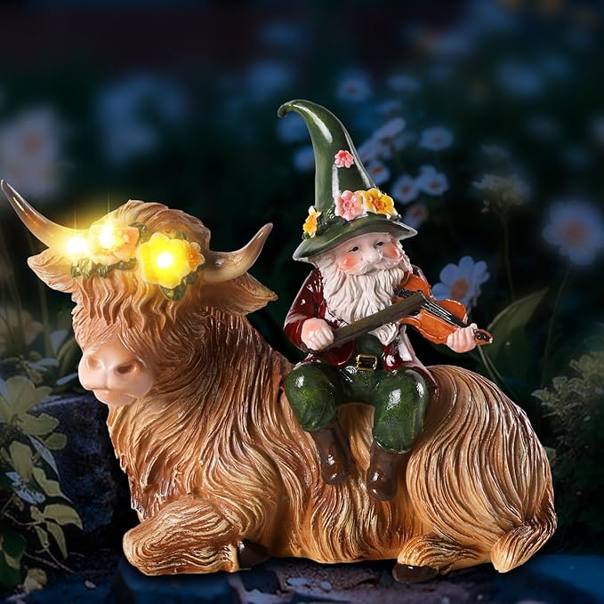 Solar Highland Cow Figurines for Garden with Gnome Playing The Violin 6.7" Resin Garden Gnomes Outdoor Patio Yard Lawn Porch Decor Birthday Housewarming Gifts for Women Mom Grandma Wife Sister Friend-Ruum Studio Home
