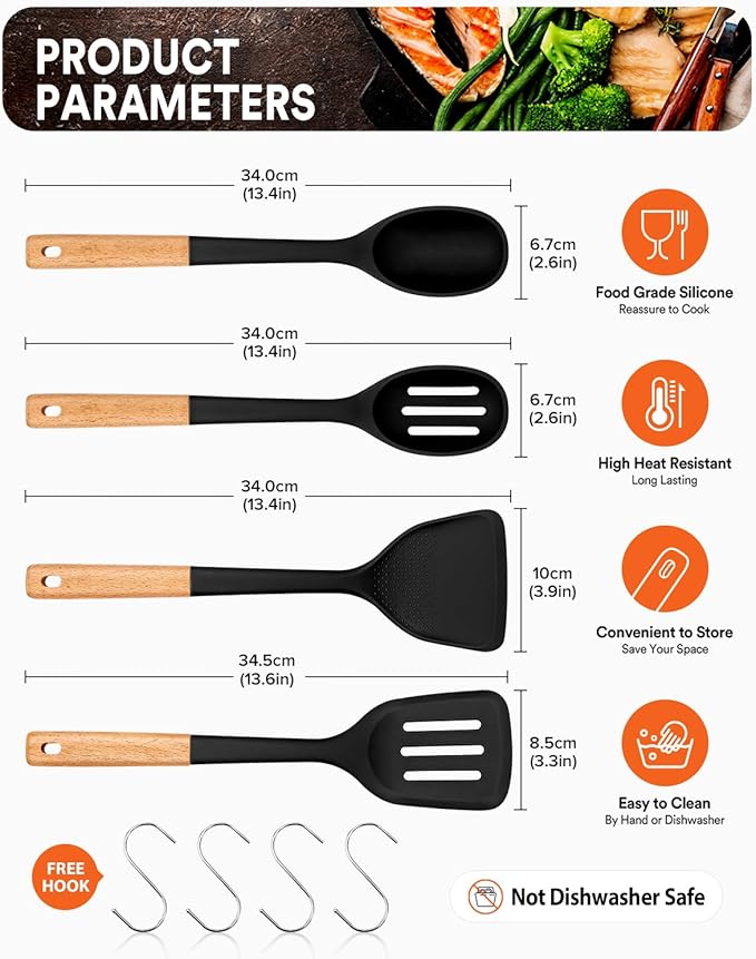 Silicone Cooking Utensils Set, Perfectly Angled for Frying, Mixing,Serving,Draining,Turning and Stirring, BPA-Free Matte Silicone, Wood Handles, Safe for Nonstick Cooking Surfaces,4 Pack (Black)-Ruum Studio Home