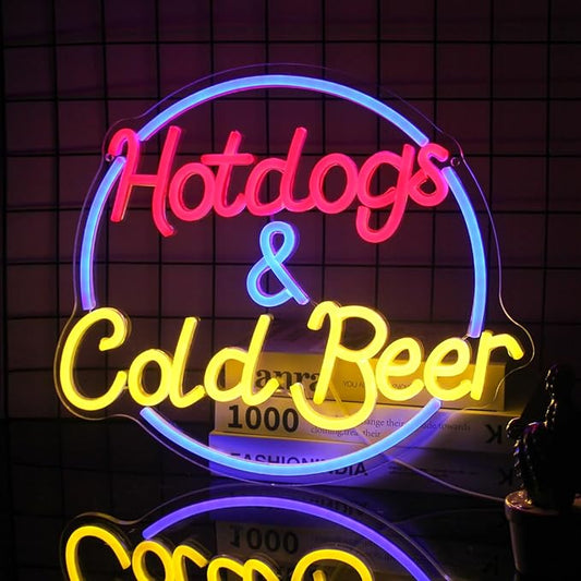 Hot Dogs and Cold Beer Neon Sign for Wall Decor Dimmable Bar Neon Light Sign Colorful LED Neon Signs Beer Neon Light Wall Art LED Sign for Bar Restaurant Shop Food Court Party Decor