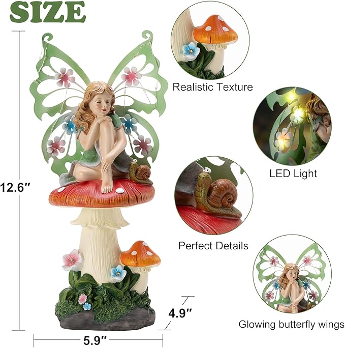 Solar Fairy Garden Decor Flower Fairies Mushroom Figurines with Snail Decor Gifts for Women Mom Miniature Fairy Figurine for Lawn Garden Patio Yard Decorations Outdoor Statue-Ruum Studio Home