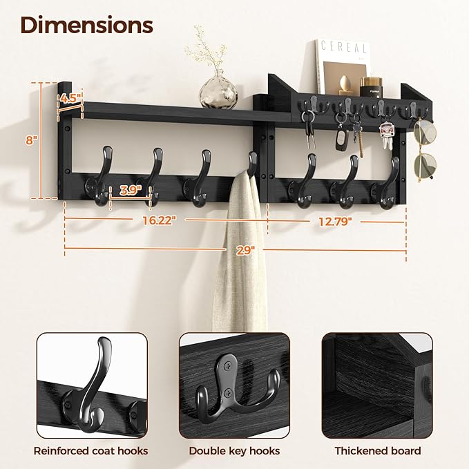 29" Coat Rack Wall Mount with Shelf, 4 in 1 Wall Mounted Coat and Key Hanger with 11 Hooks, Entryway Key Holder with Mail Holder for Living Room, Bedroom, Black-Ruum Studio Home