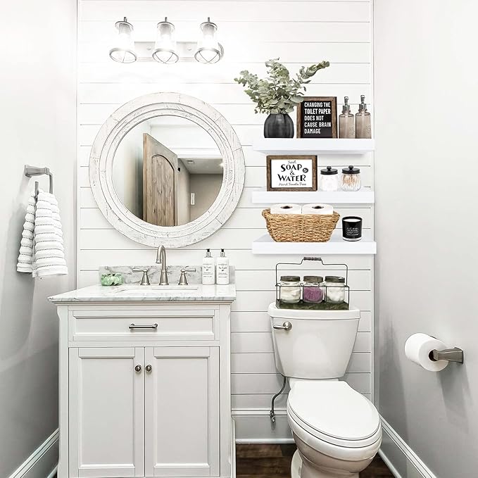 QEEIG Floating Shelves for Wall Bathroom Shelf Bedroom Kitchen Living Room Hanging Book Shelves Small Farmhouse Decor 16 inch Set of 3, White (015-W3)-Ruum Studio Home