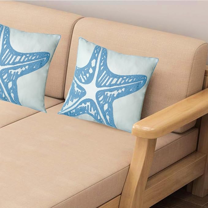 Embroidered Decorative Throw Pillow Cover, 18"x18" Set of 2, Farmhouse Pillowcase Blue Sea Star Knit Pattern Cotton Canvas Cushion Case Square Floral Pillow Case for Sofa Couch Bed Living Room-Ruum Studio Home