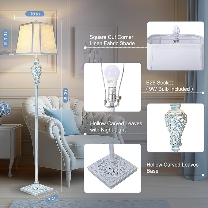 Vintage Floor Lamp with Nightlight, 65" Retro Standing Lamp with White Linen Shade, Washed Blue Finish Farmhouse Style Design Tall Lamp Decor for Living Room Bedroom Study Home Corner (Bulb Included)-Ruum Studio Home