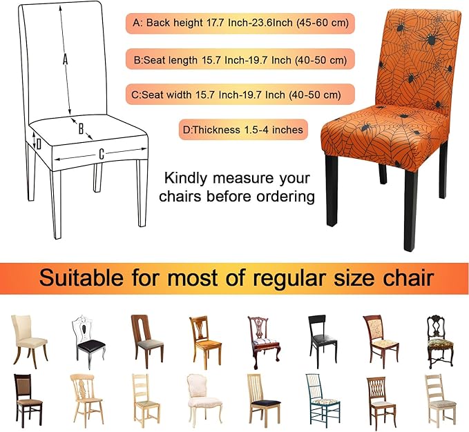 JQinHome Halloween Orange Dining Chair Slipcover, Spider Web Chair Covers Set of 4 ，High Stretch Washable Chair Protector Cover for Dining Room, Kitchen,Home Party,Wedding Ceremony(Orange, 4PC)