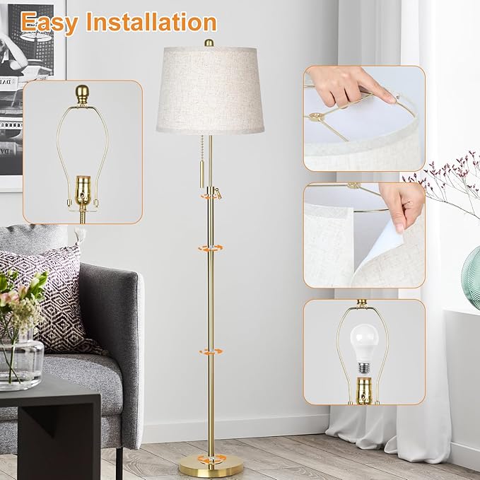 Gold Floor Lamp for Living Room 55-65" Adjustable Modern Brass Standing Lamp with Pull Chain Tall Pole Light with Beige Shade for Bedroom Reading Office Corner Nursery 9W LED Bulb Included 3 ColorTemp-Ruum Studio Home