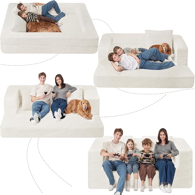 Folding Bean Bag Chair for Adults,3-in-1 Bean Bag Couch Faux Fur Floor Sofa Large Beanbag Convertible Bean Bag Sofa Bed with Pillow in Bedroom,Living Room,Apartment(Queen,Milky White)-Ruum Studio Home
