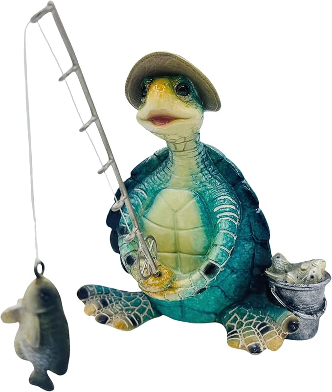 Turtle Fishing Decor, Summer Garden Statues, Nautical Coastal Beach Decorations, Home Office Decor Gifts, Bookshelf Desk Bathroom Tabletop Statue Ornament (Turtle Fishing)-Ruum Studio Home
