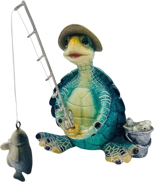Turtle Fishing Decor, Summer Garden Statues, Nautical Coastal Beach Decorations, Home Office Decor Gifts, Bookshelf Desk Bathroom Tabletop Statue Ornament (Turtle Fishing)-Ruum Studio Home