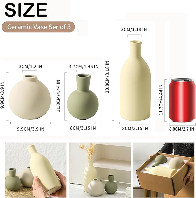Vase Set of 3, Ceramic Vases Home Decor Flower Decorative Table Decor Vase Pottery Neutral Vases for Tray Table Mantel Living Room Kitchen Bedroom Bathroom Entryway -Light Color-Ruum Studio Home