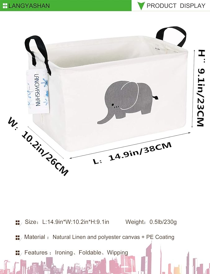 LANGYASHAN Rectangular Storage Bin Collapse Canvas Fabric Cartoon Storage Basket with Handles for Organizing Home Kitchen Boys and Girls Toys Office Closet Shelf Baskets (REC Elephant)-Ruum Studio Home