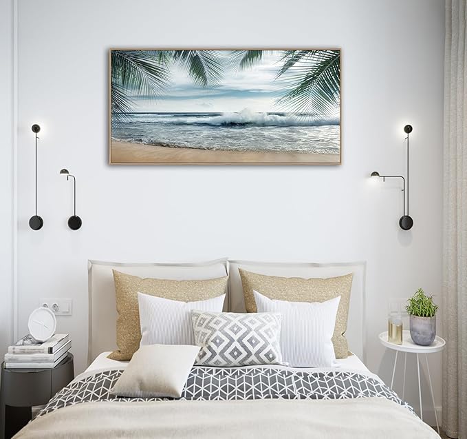 Framed Tropical Beach Wall Art - Ocean Waves Canvas Pictures Coastal Blue Sky and Sea Print Seaside Palm Tree Leaves Scene Painting Artwork Living Room Bedroom Office Home Decor 20" x 40"-Ruum Studio Home