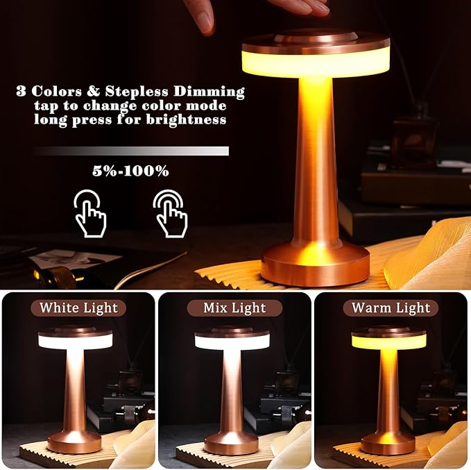 VIHOSE Set of 8 LED Portable Cordless Table Lamp with Touch Sensor 3 Color Stepless Dimming Rechargeable Battery up to 15 Hours Cordless Table Light Wireless Lamp for Nursery(Rose Gold)-Ruum Studio Home