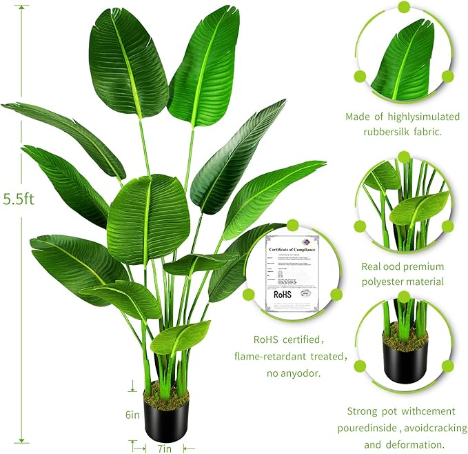 5.5ft Artificial Silk Bird of Paradise Palm Tree (65in) with 12 Trunks Faux Tree and Plastic Nursery Pot, Fake Plant for Office House Farmhouse Living Room Home Decor (Indoor/Outdoor)-Ruum Studio Home