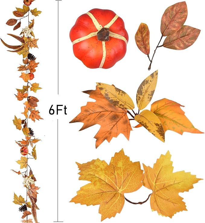 Lvydec Fall Maple Leaves Garland Decoration -6ft Artificial Fall Foliage Garland with White Pumpkins Pine Cone Autumn Decor for Halloween Thanksgiving Home Table Decor-Ruum Studio Home