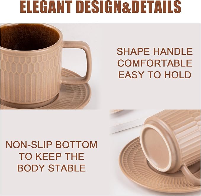 Large Cappuccino Cups with Saucers Set of 4, 8 Ounce Stackable Embossed Ceramic Coffee Mugs for Specialty Coffee Drinks, Latte, Cafe Mocha and Tea, Dishwasher & Microwave Safe (Brown)-Ruum Studio Home