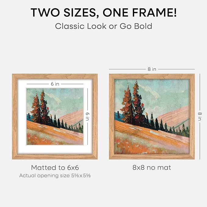 Homeforia 8x8 Picture Frames Wood, High-End Natural Oak 8 x 8 Square Frames with Mat 6 by 6 inch Photo, 8by8 Light Wooden Frames Matted to 6x6 Print, Tabletop Frame, Tempered Glass, Wall Kit, Set of 1-Ruum Studio Home