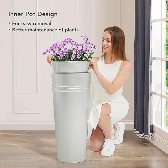 KOL 28'' Tall Galvanized Steel Planter Pot - Flower Pot with Water Level Indicator for Plants - 2-Pack Self Watering Planters - Round Silver Powder Metal Planter Box - Indoor Outdoor Grande Plant-Ruum Studio Home