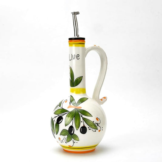 Hand-Painted Ceramic Olive Oil Dispenser Bottle – 15oz Decorative Stoneware Cruet with Stainless Steel Spout for Oil, Vinegar, Syrups, and Sauces-Ruum Studio Home