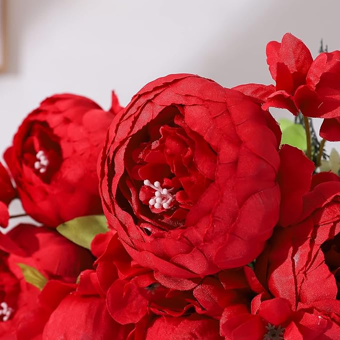 Duovlo Springs Flowers Artificial Silk Peony Bouquets Wedding Home Decoration,Pack of 1 (Spring Red)-Ruum Studio Home