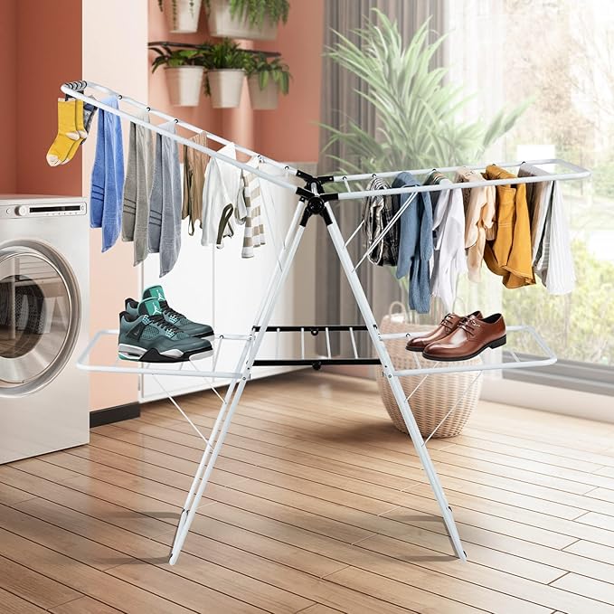 COSTWAY Clothes Drying Rack, Foldable 2-Level Laundry Drying Rack w/Height-Adjustable Wings, 33 Drying Rails & Sock Clips, Standing Large Drying Rack for Clothing, Indoor Outdoor Use-Ruum Studio Home