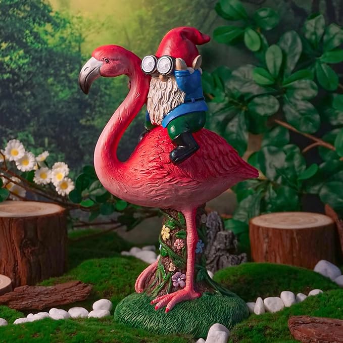 Solar Flamingo Gnome Garden Decor Statue, Outdoor Funny Solar Light Decoration for Yard, Patio, Lawn, Unique Housewarming, Birthday Gift for Women, Mom, Grandma-Ruum Studio Home