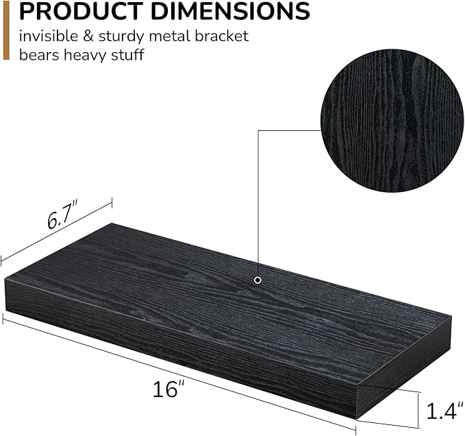 Fun Memories Floating Shelves - 16 Inch Rustic Black Wall Shelf - Wall Mounted Shelves for Wall Decor Storage - Wooden Shelves with Invisible Brackets for Living Room, Bedroom, Kitchen, 2 Pack-Ruum Studio Home