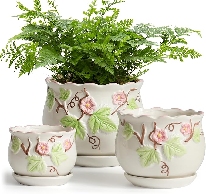 Ceramic Plant Pots with Drainage Holes and Saucers, Round Flower Pots for Indoor Plant, 3.9/5.2/6.7 Inches Small Flower Planters Set of 3-Ruum Studio Home