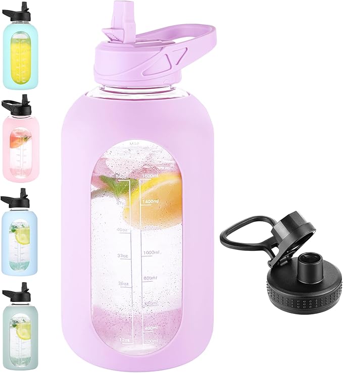 64 oz Glass Water Bottle With Straw and Handle, Half Gallon Sports Motivational Water Jug Flask with Silicone Sleeve, Large Water Cup with Time Marker for Travel, Gym, Purple-Ruum Studio Home