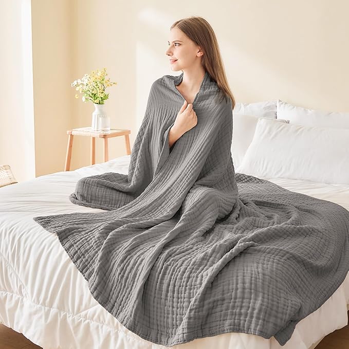 EMME Cotton Blanket Twin XL for Bed Soft Muslin Blankets 66"x90" Lightweight Breathable Layering Bedspread Coverlet All Season Gauze, Grey-Ruum Studio Home