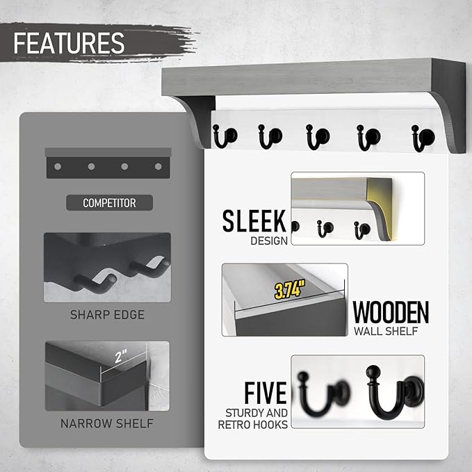 Rebee Vision Key Holder with Mail Organizer Wall Mount - Decorative Home Essentials for Key Rack with 5 Rustic Keys Hooks - Modern House Decor for Entryway (Gray & White)-Ruum Studio Home