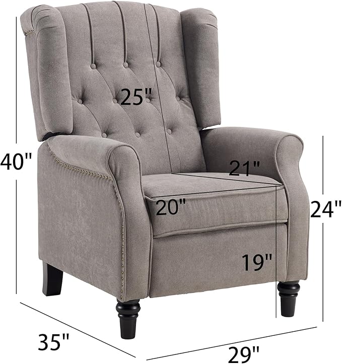 CANMOV Push Back Recliner Chair, Accent Chair,Mid Century Wingback Recliner, Fabric Push Back Recliner Chair Single Armchair Sofa with Rivet Decoration,Button-Tufted Back for Living Room, Grey-Ruum Studio Home