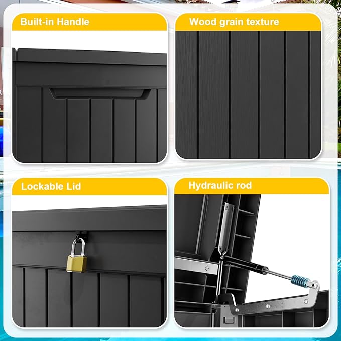 XXL 230 Gallon Large Resin Deck Box, Lockable Outdoor Storage Box for Patio Cushions Storage Furniture,Garden Tools, Pool Supplies, Weatherproof and UV Resistant- Black (230 Gallon)-Ruum Studio Home