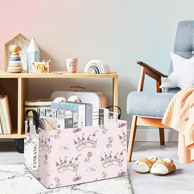 FANKANG Storage Bins, Nursery Hamper Canvas Laundry Basket Foldable with Waterproof PE Coating Large Storage Baskets for Kids Boys and Girls, Office, Bedroom, Clothes,Toys(Rec-Princess Castle-Ruum Studio Home
