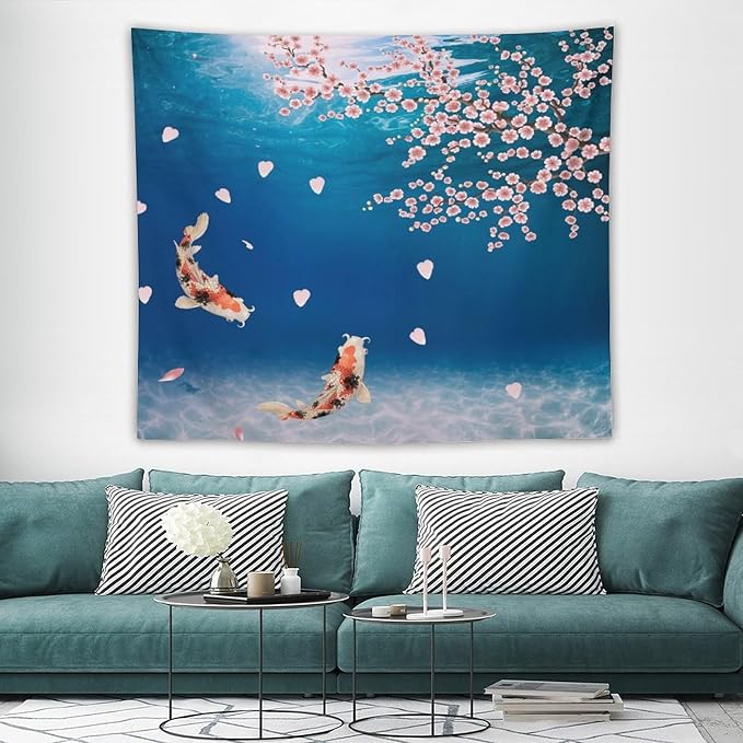 Japanese Koi Fish Tapestry, Cherry Blossoms Asian Oriental Blue Floral Branch Koi Fish Carp Tapestries Wall Hanging for Bedroom Living Room Office Decor 60"x50"-Ruum Studio Home