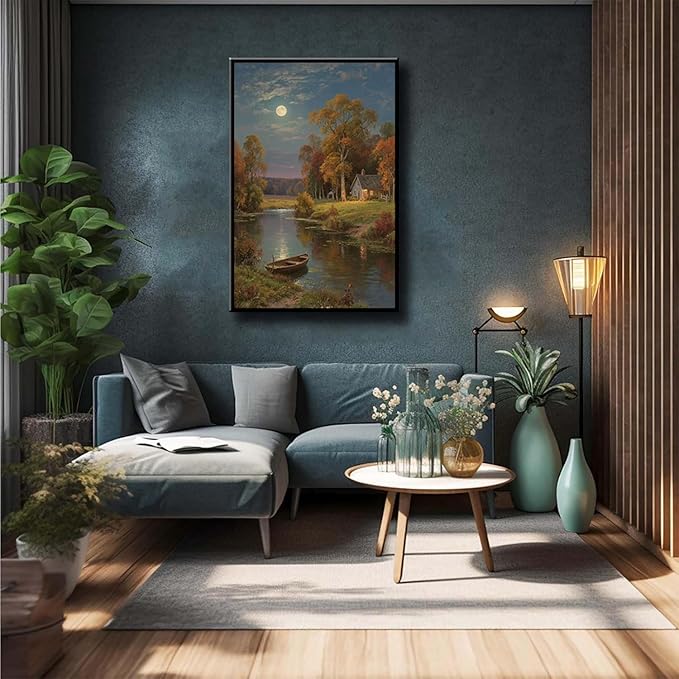 Small house by the stream under the moonlight tranquil style suitable for living room bedroom and office landscape poster wall art-Ruum Studio Home