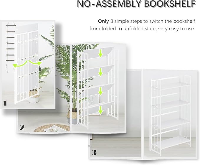 4NM No Assembly 4 Tiers Folding Bookshelf, 47.2" H Foldable Storage Shelves Vintage Bookcase Standing Racks Study Organizer Home Office - All White-Ruum Studio Home