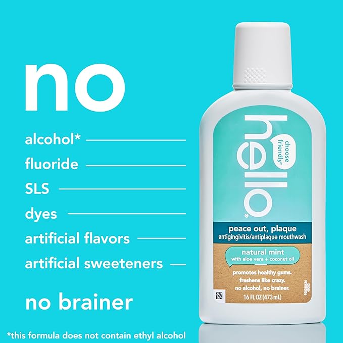 Hello Peace Out Plaque, Antigingivitis Alcohol Free Mouthwash, Natural Mint with Aloe Vera and Coconut Oil, Fluoride Free, Vegan, SLS Free and Gluten Free, 16 Ounce (Pack of 3)-Ruum Studio Home