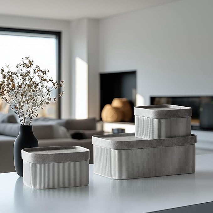 La Jolie Maison Fluted Cardboard Storage Baskets with Vegan Leather Lids, Sturdy Stackable Paper Boxes Decorative Tray, Modern Basket Organizer Bins Bathroom Bedroom Organizing, Storm Grey, Set of 3-Ruum Studio Home