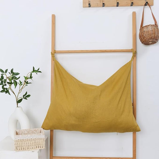 Hanging Linen Laundry Bag, 100% Pure Flax Linen Over The Door Hamper with Bottom Zipper for Laundry Room, Household Dirty Cloth Storage Organizer Bag, Turmeric-Ruum Studio Home