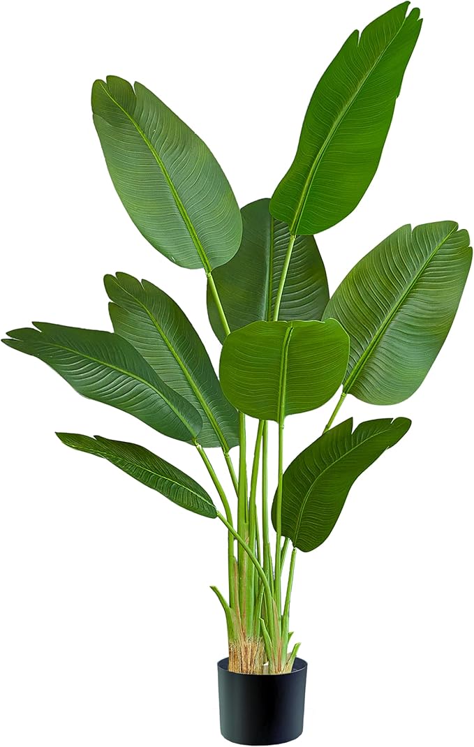 Lifelike Bird of Paradise Silk Artificial Plant Faux Banana Leaf Tree for Home Decor - Perfect Indoor Floor Plant with 9 Trunks (1, Black Planter, 5 FT)-Ruum Studio Home